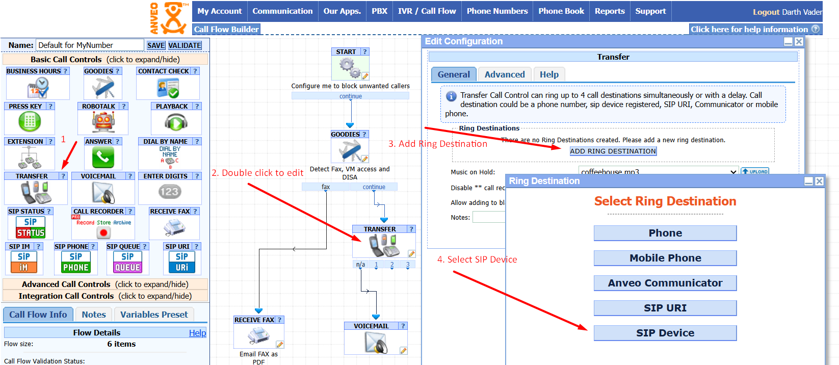 Set Ring Destinations in Anveo Call Flow