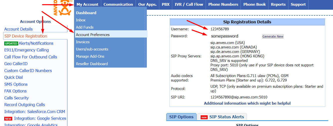 Anveo SIP credentials